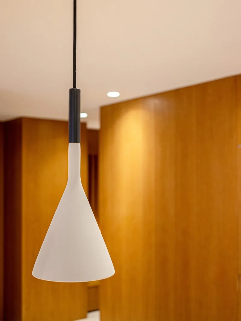 Luminária pendente diante de painéis em lâmina natural